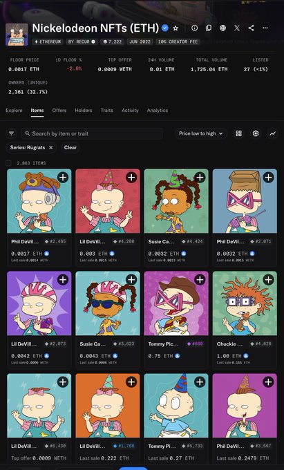 A screenshot of the Nickelodeon NFTs (ETH) collection page on OpenSea, showing a floor price of 0.0017 ETH and various Rugrats character NFTs with party hats.