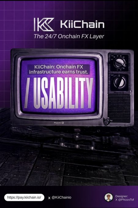 A promotional graphic for 'KiiChain' advertising 'The 24/7 Onchain FX Layer' features a vintage TV displaying 'USABILITY' on a purple background, with the URL https://pay.kiichain.io/ and credit to designer X @PhizzoTof.