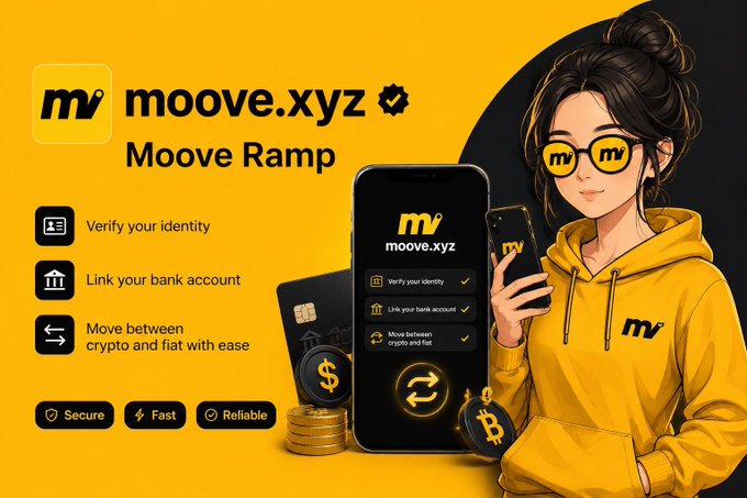 A promotional graphic for 'moove.xyz Moove Ramp' showing a cartoon woman in yellow attire with sunglasses, alongside features like 'Verify your identity', 'Link your bank account', and 'Move between crypto and fiat with ease'.