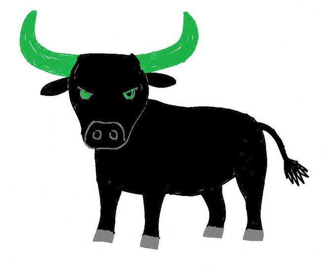 A hand-drawn illustration of a black bull with bright green horns and a green eye, paired with a caption joking that the artist is a "black bull intern" hastily filling in after being "fired"—a humorous nod to AI-generated "bull art" from layoff replacements. The crude, MS Paint-style drawing contrasts the seriousness of a bull market with the chaos of corporate downsizing.