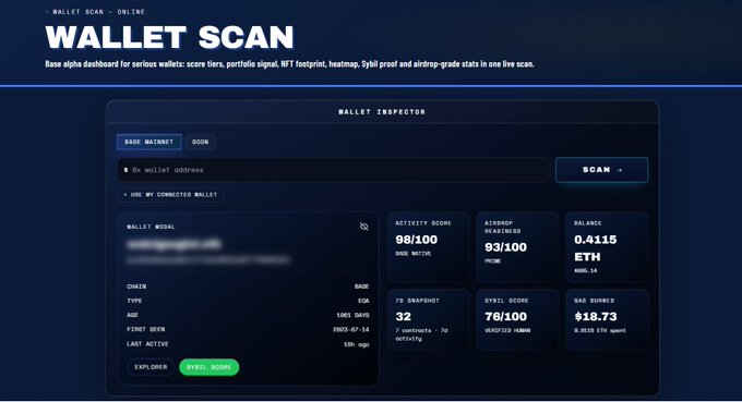The image features a webpage titled "Wallet Scan" which displays information about a wallet scanning service. The description of the service emphasizes that the scanning process includes detailed stats, such as transactions, balance, and fees. A section of the image shows a screenshot from an online marketplace where coins can be sold through an auction. Additionally, there are two options for users to access this marketplace: they can either view the available coins on their wallet or connect with other wallets directly via the scanning service's mobile app.