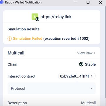 A Rabby Wallet notification window showing a failed transaction simulation for https://relay.link with an execution reverted error (#1002) on a multicall interaction.