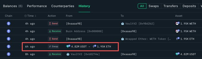DeFi wallet transaction history showing recent activities including sends, receives, and swaps; a highlighted row shows a swap of 4.82M USDT for 1.95k ETH 6 hours ago.