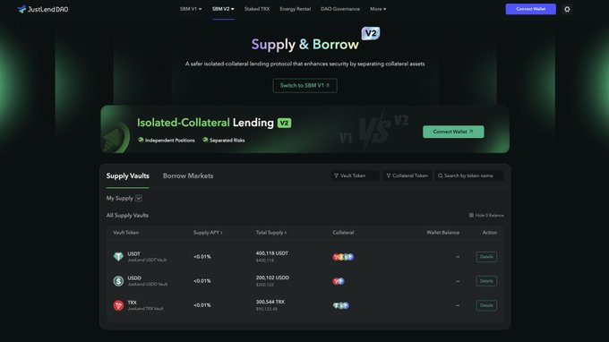 The image displays a screenshot of the supply & borrow lending market on Tron DeFi (decentralized finance), specifically highlighting the JustLend DAO that took a significant step forward by launching Supply & Borrow Market V2. The website shows a table with various cryptocurrencies and their corresponding values, providing users with up-to-date information about the cryptocurrency market trends. Additionally, there are two mentions of "solar loan".