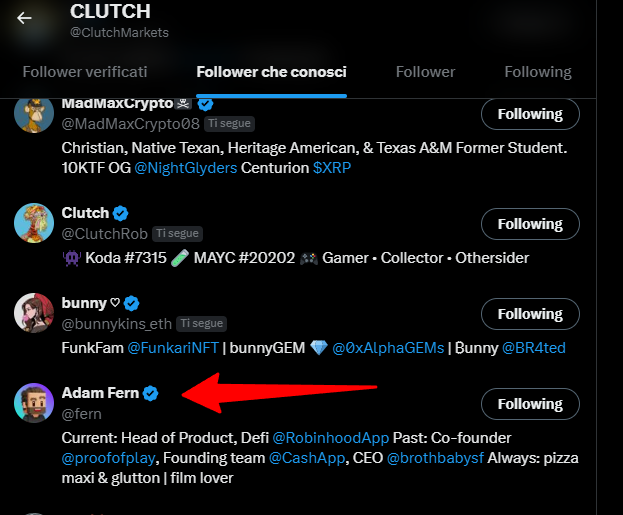 A screenshot of a Twitter follower list for @ClutchMarkets shows Adam Fern (@fern), whose bio reads "Current: Head of Product, Defi @RobinhoodApp," highlighted with a red arrow, indicating his recent follow of the account.