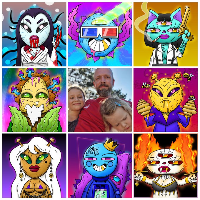 A 3x3 grid of NFT-style cartoon character portraits featuring various colorful creatures and figures, with a real photograph of a man and two children in the center square.