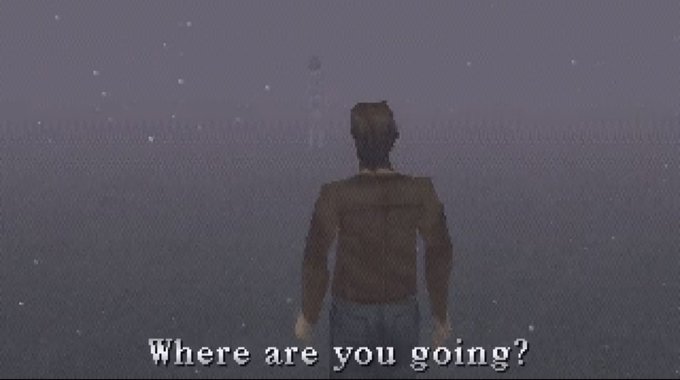 A video game screenshot showing a character from behind walking into a foggy, starry environment with the subtitle 'Where are you going?'.