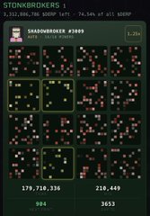 A StonkPit mining terminal screen displaying 'SHADOWBROKER #8089' with a grid of small pixel art characters and earnings figures.