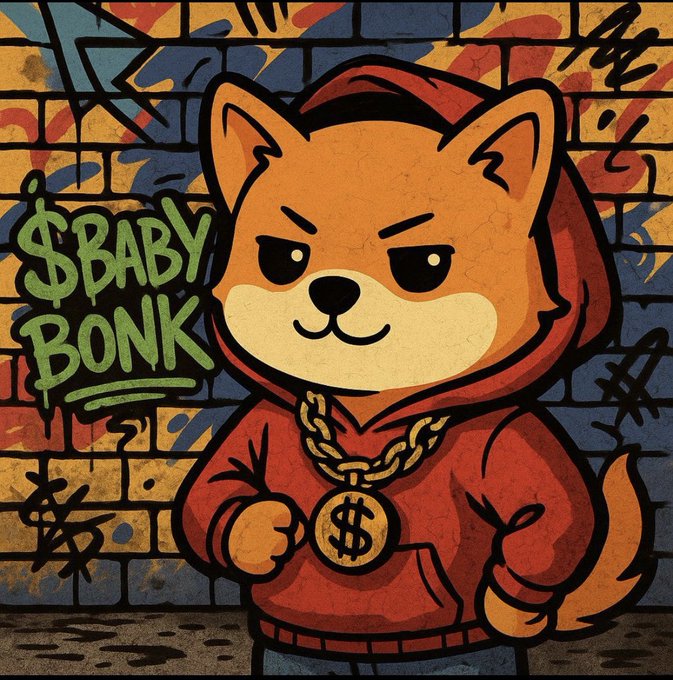 Graffiti-style artwork of a Shiba Inu dog wearing a red hoodie and gold dollar sign necklace, labeled '$BABY BONK' in green spray-paint text against a colorful brick wall background.