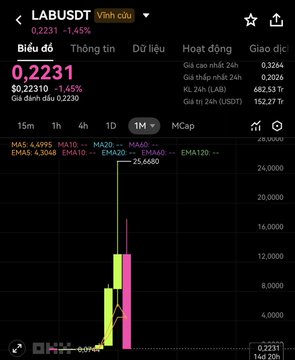 A Vietnamese cryptocurrency trading app showing the LABUSDT trading pair with a current price of 0.2231, down 1.45%, displaying a candlestick chart on a 1-day timeframe.
