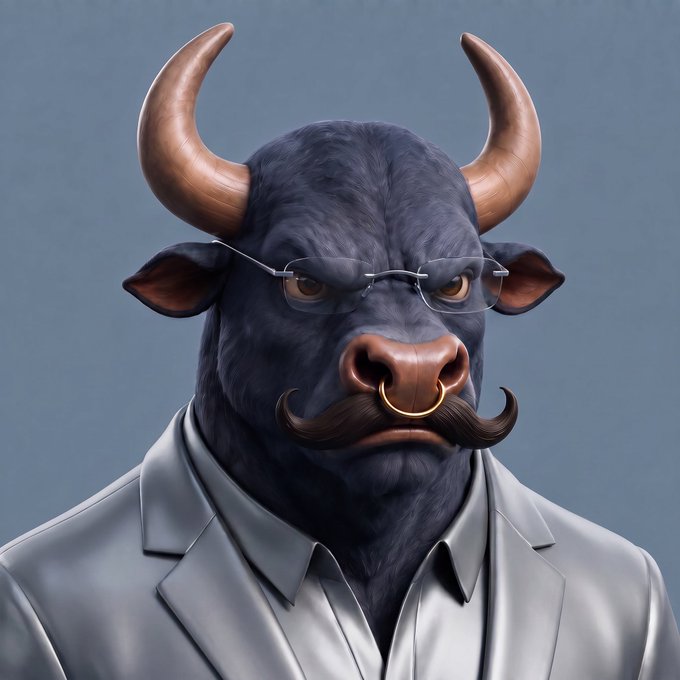 A 3D rendered illustration depicts a dark grey bull character wearing glasses, a grey business suit, and sporting a curled brown mustache, golden nose ring, and large brown horns.