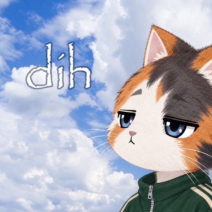 An animated calico cat character wearing a green track jacket stands against a blue sky with clouds, with stylized 'dih' text floating nearby.