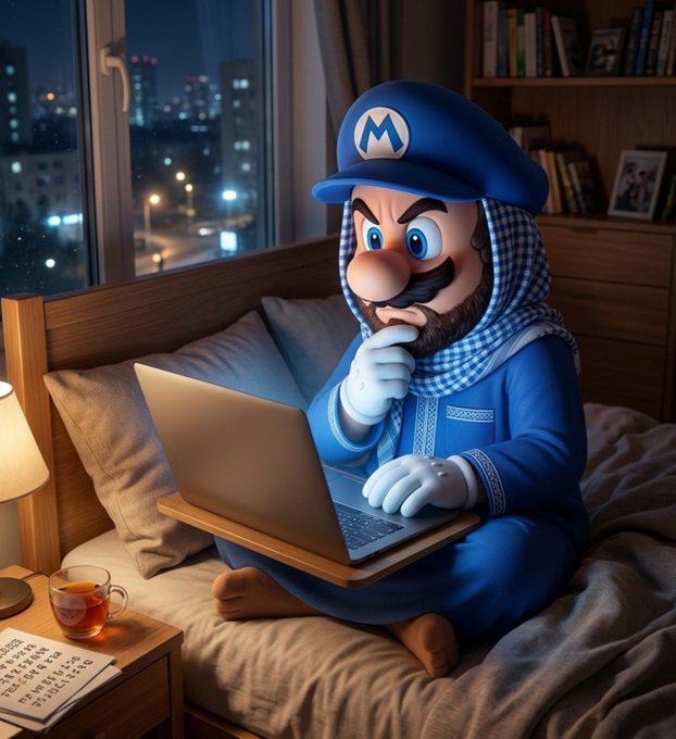 A Mario-like character wearing a blue cap with 'M' and a checkered scarf sits on a bed using a laptop with a cup of tea nearby at night.