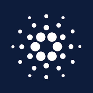 The image displays the Cardano (ADA) logo—a circular arrangement of white dots forming a ring around a central cluster—on a dark navy background, representing the cryptocurrency that has just surpassed the $0.20 price milestone with surging trading volume.