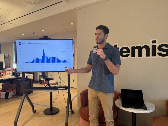 A man in a blue polo shirt giving a presentation with a clicker while pointing at a screen displaying a Q4D market cap & monthly income bar chart, with "Remit" partially visible on the wall behind him.