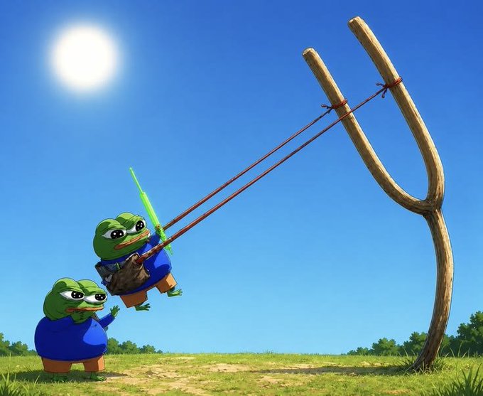 A cartoon illustration shows two Pepe the Frog characters in a grassy field under a bright sun, with one using a giant slingshot to launch a glowing green object.