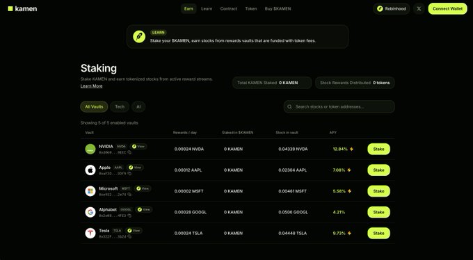 A screenshot of the KAMEN website showing a 'Staking' page where users can stake KAMEN to earn tokenized stocks like NVIDIA, Apple (AAPL), Microsoft (MSFT), Alphabet (GOOGL), and Tesla (TSLA).