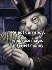 A humorous meme featuring an anthropomorphic rabbit in a top hat and monocle holding cash, overlaid with the text 'Reject currency, embrace magic internet money'.