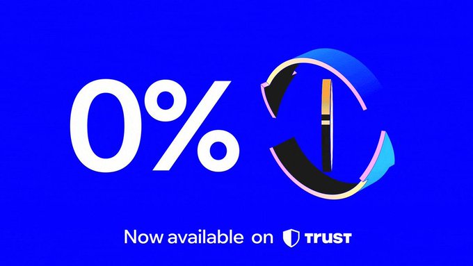 A bold promotional graphic on a blue background displays a large white "0%" next to a stylized wallet/coin icon, with the text "Now available on Trust" beneath it—visually emphasizing Trust Wallet's zero-fee stablecoin swap promotion highlighted in the post.