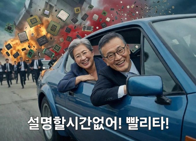 An AI-generated advertisement shows an older couple laughing in a car with an explosion of microchips behind them, featuring Korean text at the bottom.