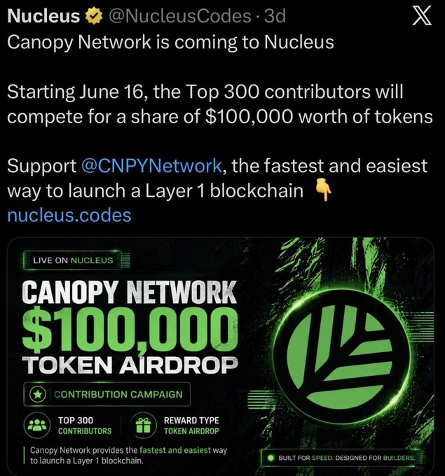 The image features a black background with white text, including a Twitter post announcing an upcoming fundraiser for Nucleus Network. The post mentions that $100,000 will be donated by users who join the leaderboard, which has already reached 300 contributors. The post also highlights the top 300 users and their contributions to the fundraiser.