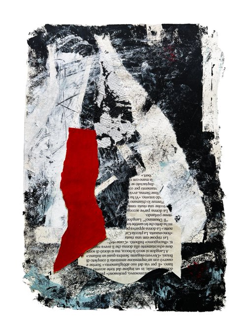 An abstract painting composed of black, white, and blue textured paint, accented with a vertical strip of bright red and a torn piece of Italian newspaper text.