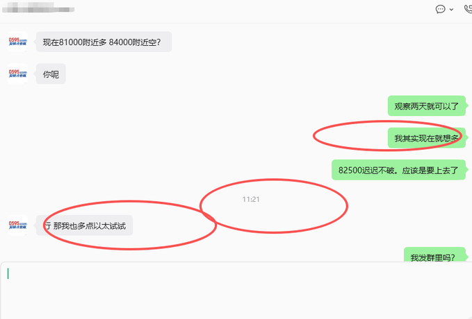 A chat screenshot in Chinese shows a conversation about prices between 81000 and 84000, with red circles around messages including "我其实现在就想多" and "那我多卖点以太试试".