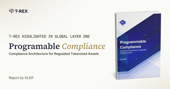 A promotional graphic for T-REX being highlighted in a GLEIF report titled 'Programmable Compliance: Compliance Architecture for Regulated Tokenized Assets' dated June 2026.