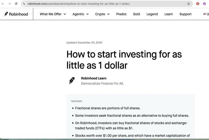 A Robinhood Learn webpage titled 'How to start investing for as little as 1 dollar' explains fractional shares and exchange-traded funds (ETFs).