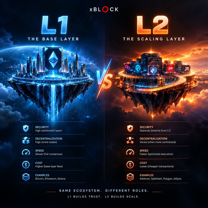 A comparison graphic for 'XBLOCK' contrasting 'L1 THE BASE LAYER' (blue side) with 'L2 THE SCALING LAYER' (orange side), detailing differences in cost and speed with examples like Bitcoin, Ethereum, and Solana versus Arbitrum and Optimism.