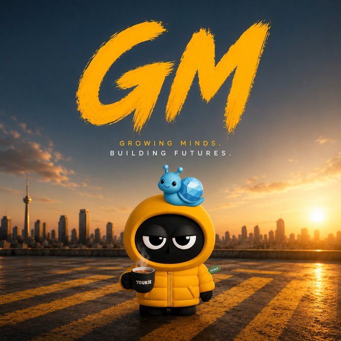 A cute black character in a yellow hoodie holding a "YOUKIE" mug sits on a rooftop at sunrise with a snail-like creature on its head, beneath the bold yellow "GM - GROWING MINDS. BUILDING FUTURES." text, promoting Sleepagotchi's GameFi approach of rewarding better sleep rather than online activity.