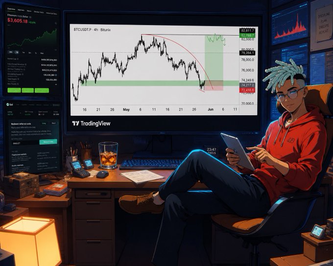 A man dressed in a red hoodie sits at a desk with a computer, looking at the screen of his computer monitor which has a chart of various financial markets displayed. The text "I'm long on BTC LTF accumulation confirmed. HTF reclaim confirmed. Upside liquidity looks ready to be taken." seems to relate to the man's interest in cryptocurrency trading and investing. He appears focused on the market data, possibly analyzing trends or making investment decisions based on the chart he is viewing.