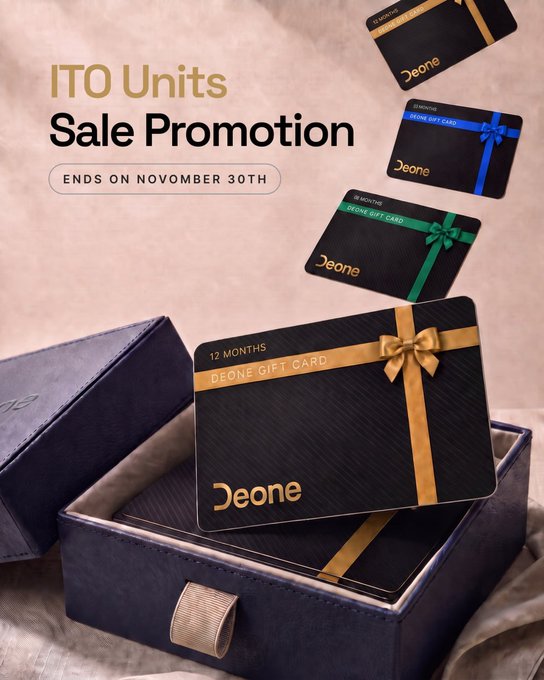 The image promotes a Deone ITO Units Sale Promotion ending November 30th, featuring elegant black gift cards (with 12, 6, and 3-month denominations) in gold, blue, and green ribbons emerging from a luxury presentation box. This visual tie-in aligns with the hashtag #WeFi ⇒ #Deone, suggesting these branded gift cards serve as the Deone component of the WeFi promotion.