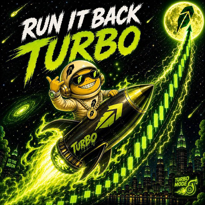 A vibrant graphic illustration featuring a yellow smiley face character in a spacesuit riding a rocket labeled 'TURBO', with 'RUN IT BACK TURBO' text, green lightning, stock chart candles, and a moon with an upward arrow.