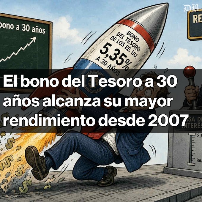 A news graphic in Spanish showing a cartoon of a man being launched by a rocket labeled 'BONO DEL TESORO DE LOS EE. UU. 5,35% A 30 AÑOS', with the caption 'El bono del Tesoro a 30 años alcanza su mayor rendimiento desde 2007'.
