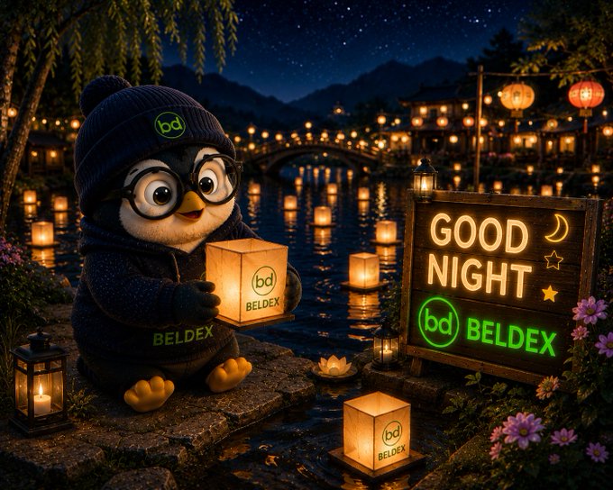 An illustrated penguin mascot wearing a 'bd' beanie and glasses holds a glowing 'BELDEX' lantern beside a 'GOOD NIGHT BELDEX' sign, set against a nighttime scene of a river with floating lanterns and traditional buildings.