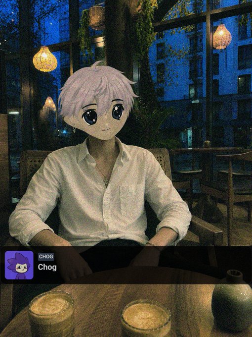 An anime-style character with silver hair and large eyes, wearing a white shirt, sits at a wooden table with a coffee shop visible through the window behind them, featuring a small profile graphic with the name 'Chog'.
