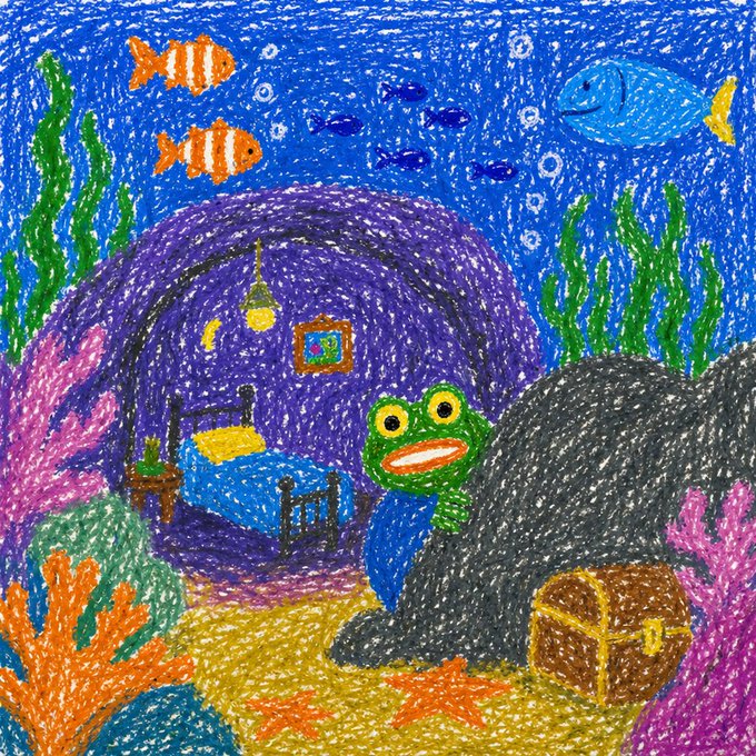 A colorful crayon or oil pastel drawing depicting an underwater scene with a green frog-like character in a purple shell-shaped house, surrounded by coral, fish, and a treasure chest.