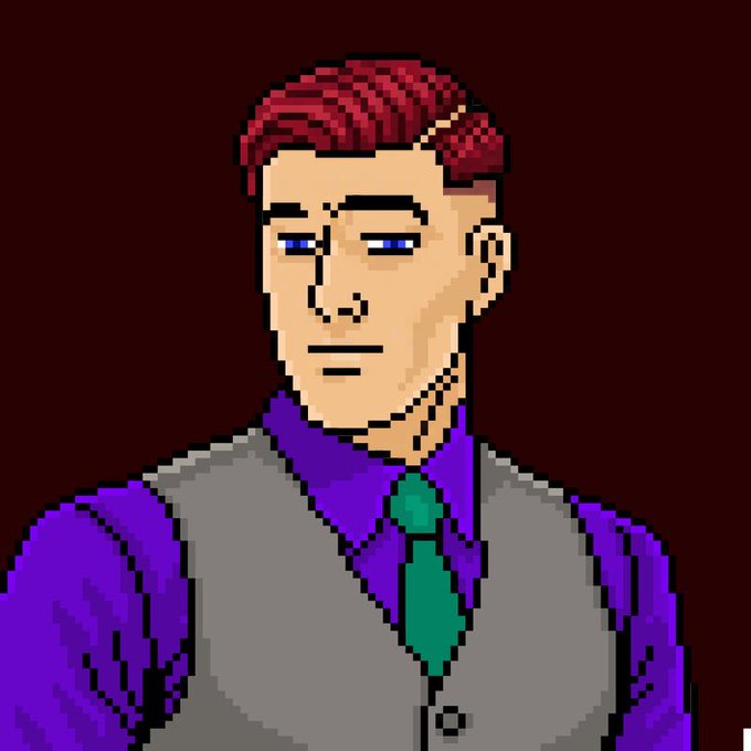 A pixel art portrait of a stern-looking man with slicked-back red hair, blue eyes, and a purple shirt with a green tie and gray vest, set against a dark background. The image aligns with the post's mention of a "Casino Pixels" NFT project free mint, showcasing the character's Joker-esque styling as a personalized avatar from the collection.