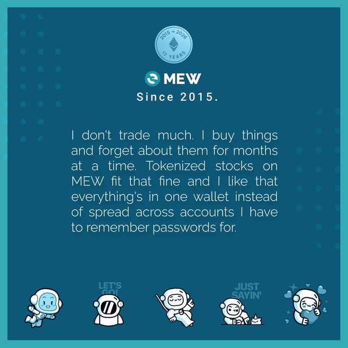 A promotional graphic for 'MEW' (Since 2015, 2015-2026, 11 Years) features a testimonial about tokenized stocks and displays a row of astronaut-themed cryptocurrency mascots along the bottom.