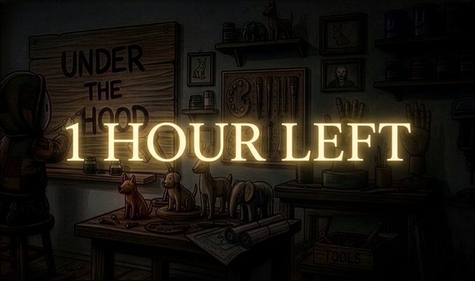 A dimly lit workshop scene with a "UNDER THE HOOD" sign, various tools, and wooden crafts, overlaid with the text "1 HOUR LEFT" to emphasize the urgency of the NFT mint countdown mentioned in the post.