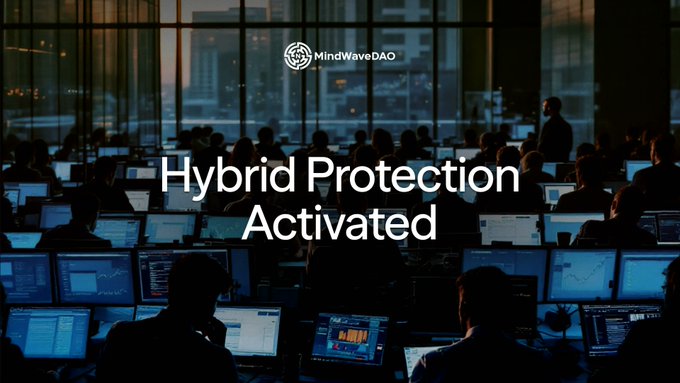 A presentation slide or banner with the MindWaveDAO logo, showing silhouettes of people working at computer monitors in a dark room, overlaid with the text 'Hybrid Protection Activated'.