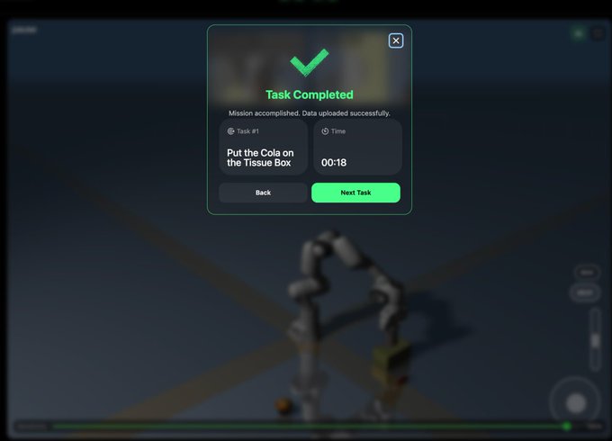 A "Task Completed" notification displays "Put the Cola on the Tissue Box" finished in 00:18, overlaid on a 3D-rendered robotic arm simulation from the Axis robotics platform, illustrating the user's daily 25-30 minute task grinding routine.