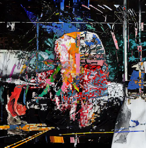 Glitchy digital painting with fragmented, pixelated portrait elements in red, orange, blue, and black.