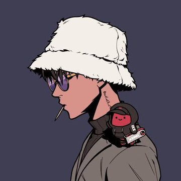 A digital illustration of a person with glasses and a white fluffy bucket hat smoking a cigarette, with a small red ninja character on their shoulder.