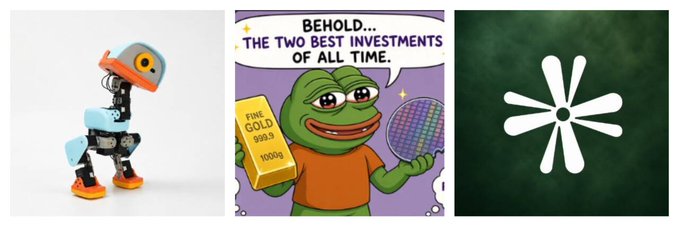 The image showcases the three visual elements that define the MicroDuck meme coin: a small bipedal robot (Hugging Face's open-source robot, an Nvidia-linked product), the famous "The Two Best Investments" Pepe meme holding a gold bar, and the asterisk-like MicroDuck logo. Together they visually represent the token's branding built around the popular rubber-duck robot meme that drove its rapid 6.2M market cap surge on Robinhood Chain.