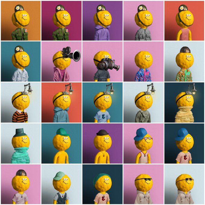 A grid collage of 25 images showing a smiling yellow smiley face character in various outfits, hats, and accessories across different colored backgrounds.