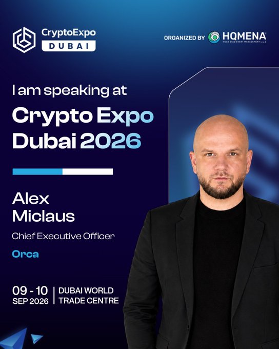 A promotional graphic for Crypto Expo Dubai 2026 announcing 'I am speaking at Crypto Expo Dubai 2026' featuring Alex Miclaus, Chief Executive Officer of Orca, with event details '09-10 SEP 2026 | DUBAI WORLD TRADE CENTRE' and logos for CryptoExpo Dubai and HQMENA.