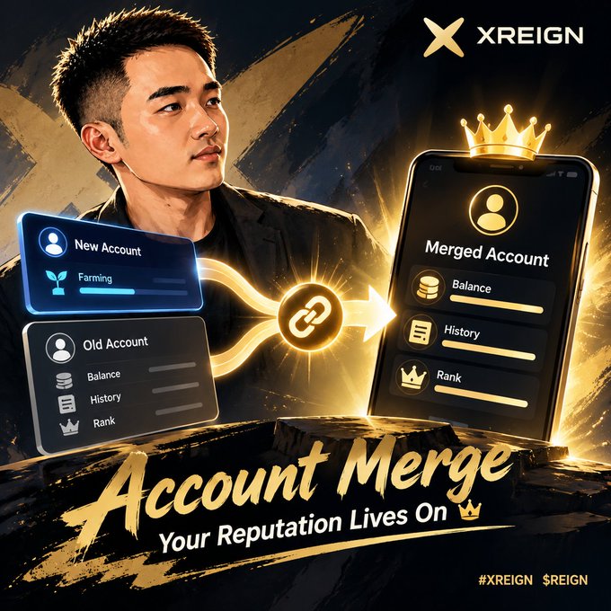 A promotional graphic for XREIGN featuring an Asian man alongside illustrations showing account merging functionality, with text reading 'Account Merge - Your Reputation Lives On' connecting a New Account and Old Account into a Merged Account.