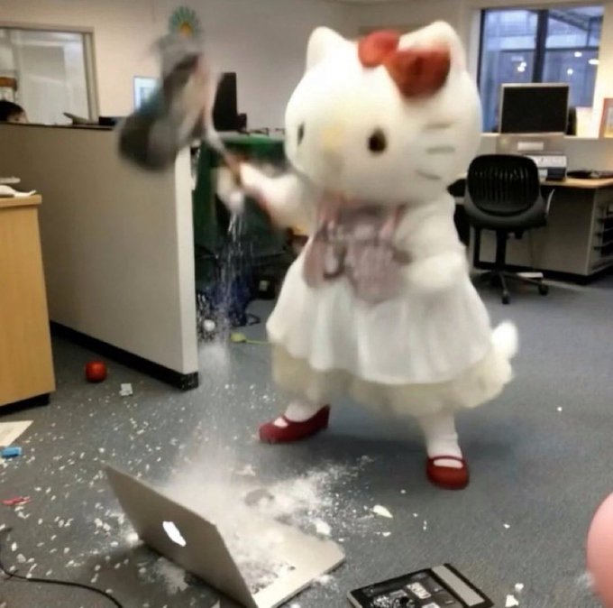 A Hello Kitty mascot in a white dress and red bow is shown swinging a sledgehammer at a MacBook laptop in an office setting, with debris scattered across the floor. The image humorously illustrates the poster's frustration with bridging to Ethereum by depicting violent destruction of a device, paired with the caption about fading $CASHCAT for a 35x gain.